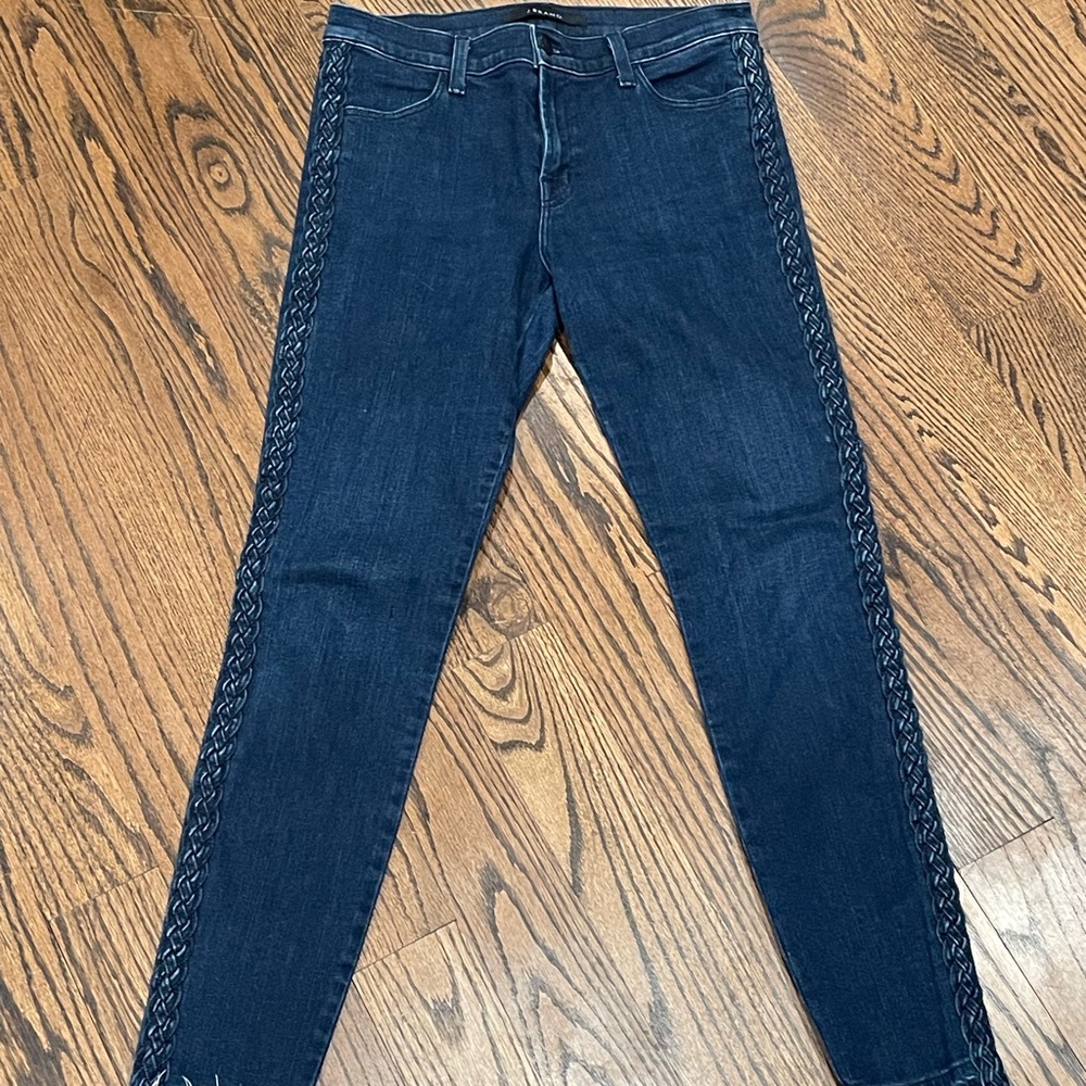 slim blue jeans braided on side